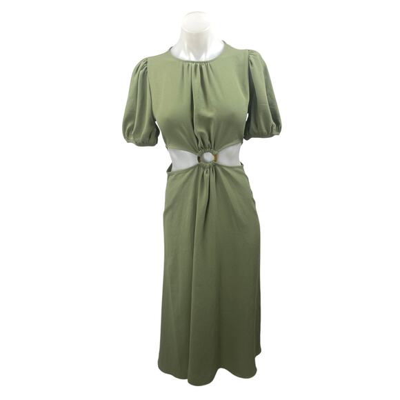 Zara Green Short Puff Sleeve Cutout Waist Crew Neck Maxi A Line Dress Size XS - Picture 1 of 4